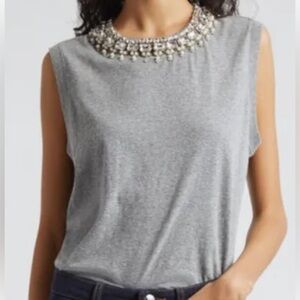 Cinq à Sept Brielle Pearl & Crystal Detail Sleeveless T-Shirt in Heather Grey